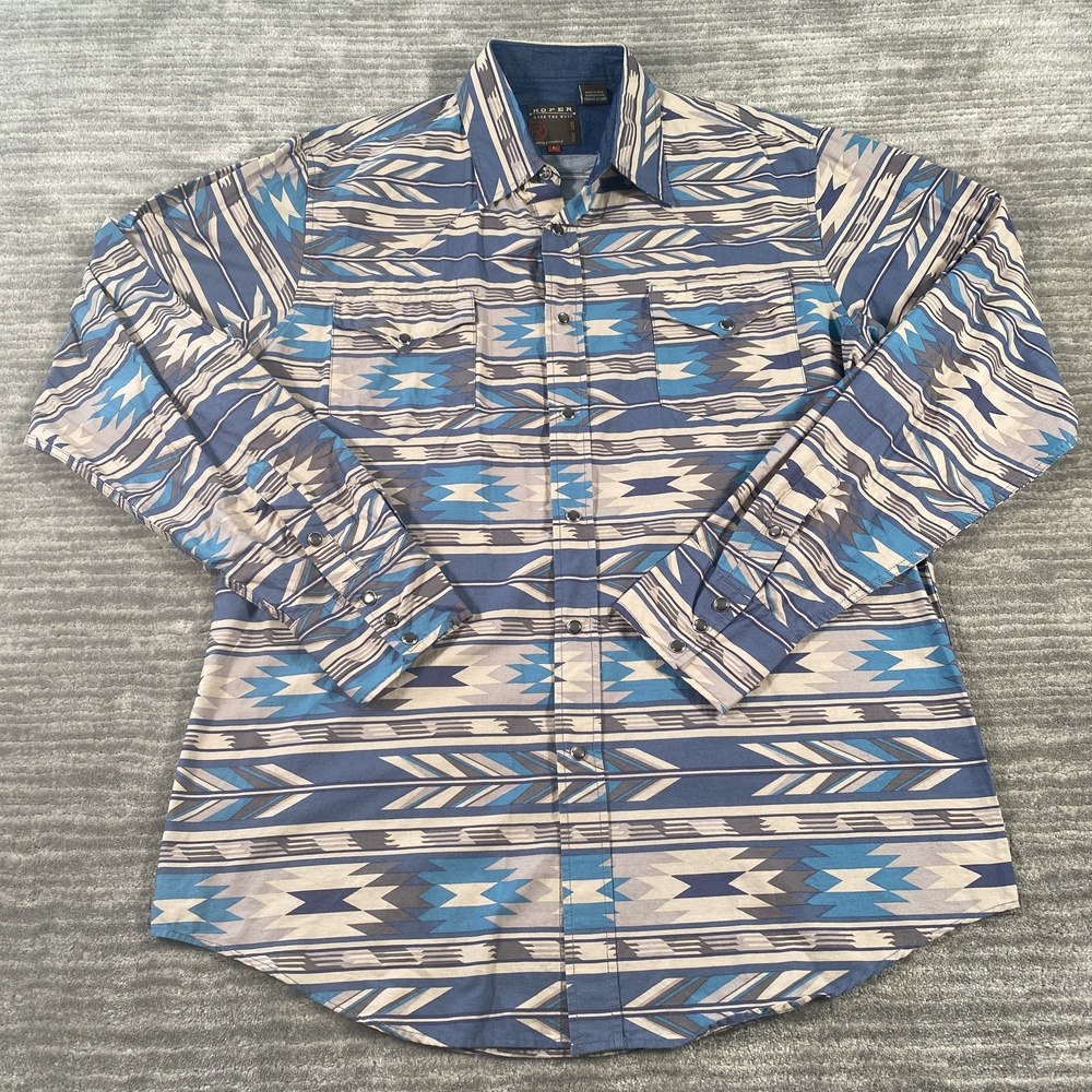 Roper Shirt Mens Large Blue Geometric Western Snap Long Sleeve Cotton Casual
